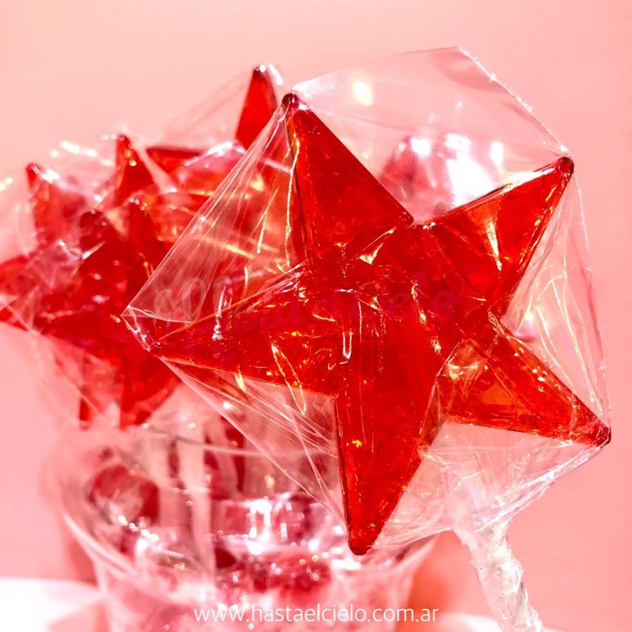 PALETAS DE CARAMELO ESTRELLA 6CM ROJA TRANSLUCIDO.