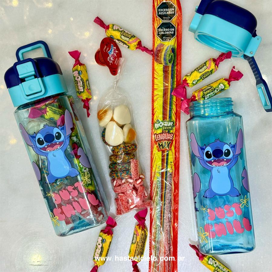 BOTELLA CUADRADA CON GOLOSINAS STICH.