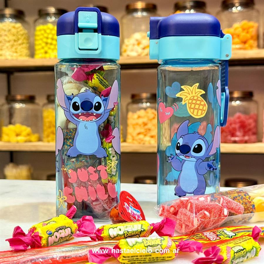 BOTELLA CUADRADA CON GOLOSINAS STICH.