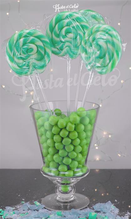PALETAS DE CARAMELO 6CM VERDE Y BLANCO.
